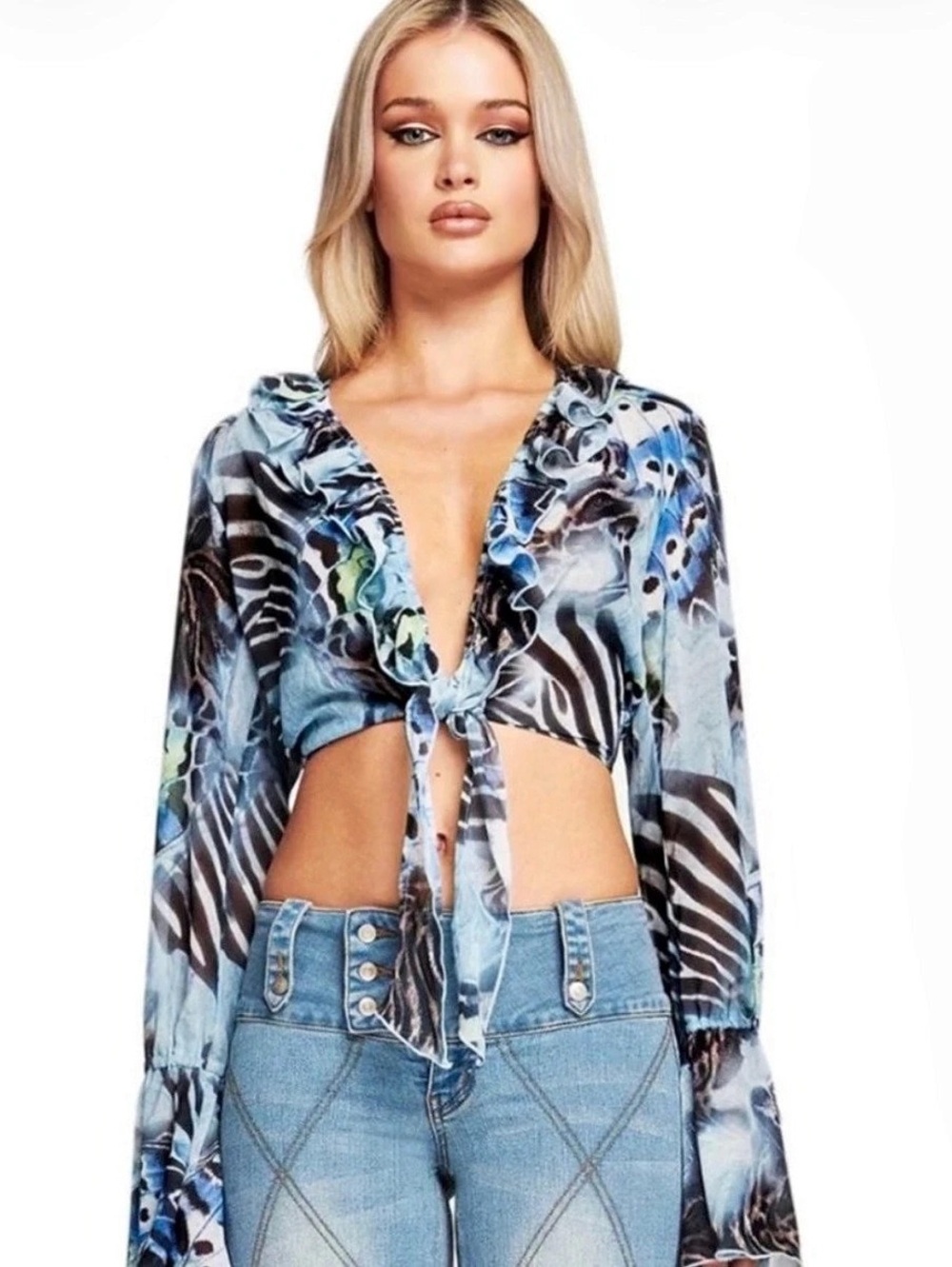I.AM.GIA Odetta Top Butterfly Print Blue Mesh Top